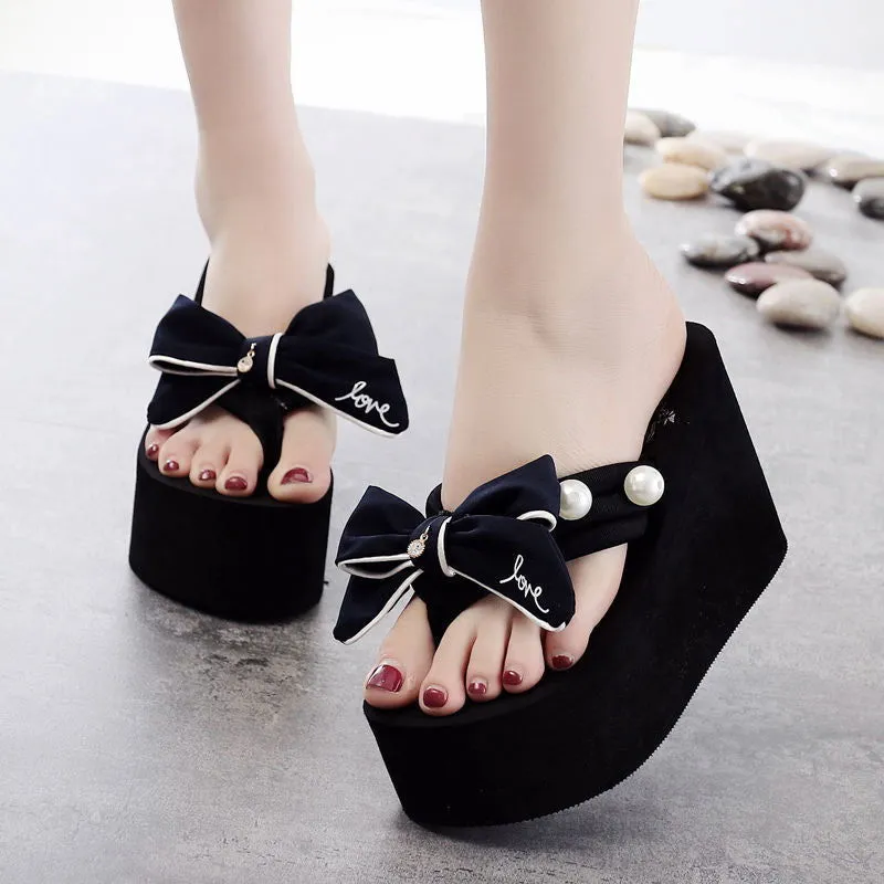 Bow Pearl Strap Design Open Toe Platform Wedge Sandals