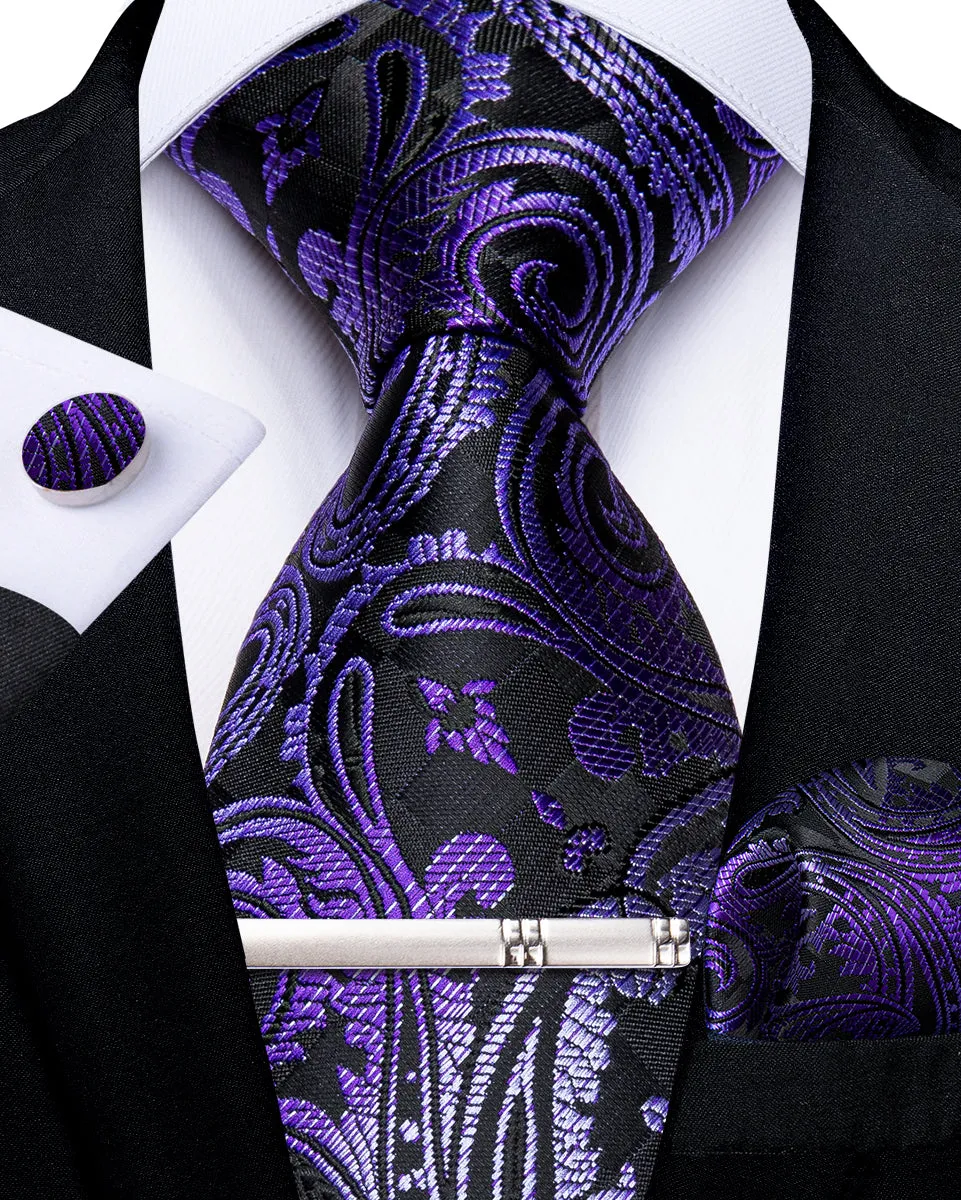 DiBanGu Mens Suit Tie Black Purple Floral Silk Necktie Set and Tie Clip