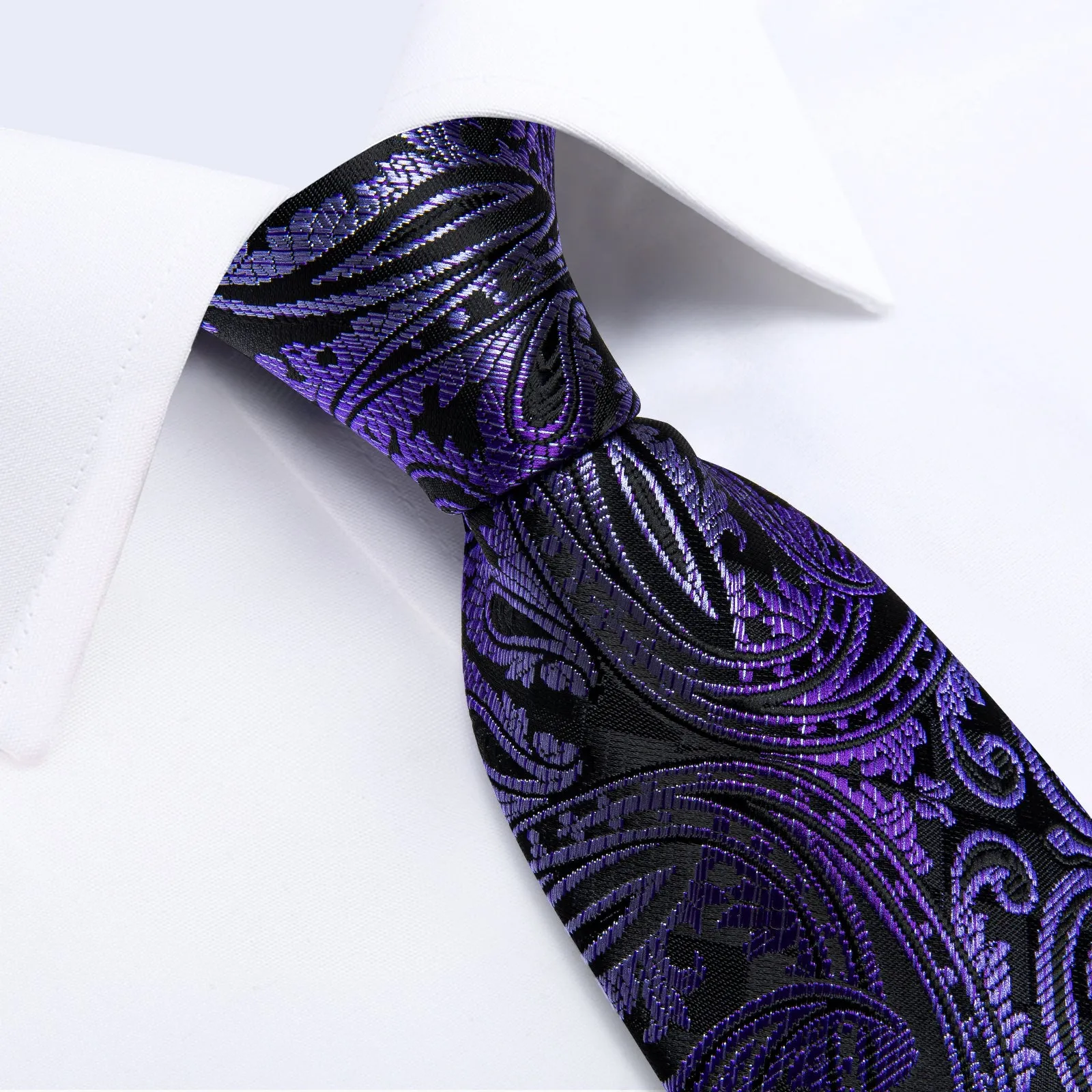 DiBanGu Mens Suit Tie Black Purple Floral Silk Necktie Set and Tie Clip