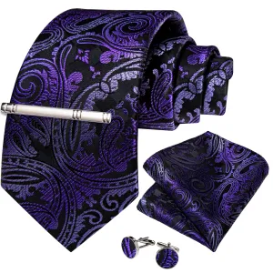 DiBanGu Mens Suit Tie Black Purple Floral Silk Necktie Set and Tie Clip