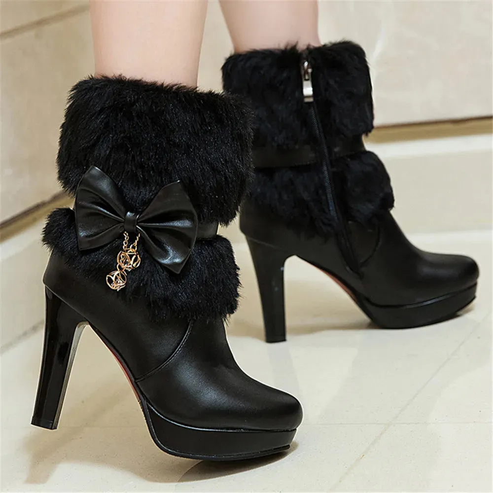 Fashion High Heel Boots Fur Tassel Bowtie Lovely Lolita Party Shoes