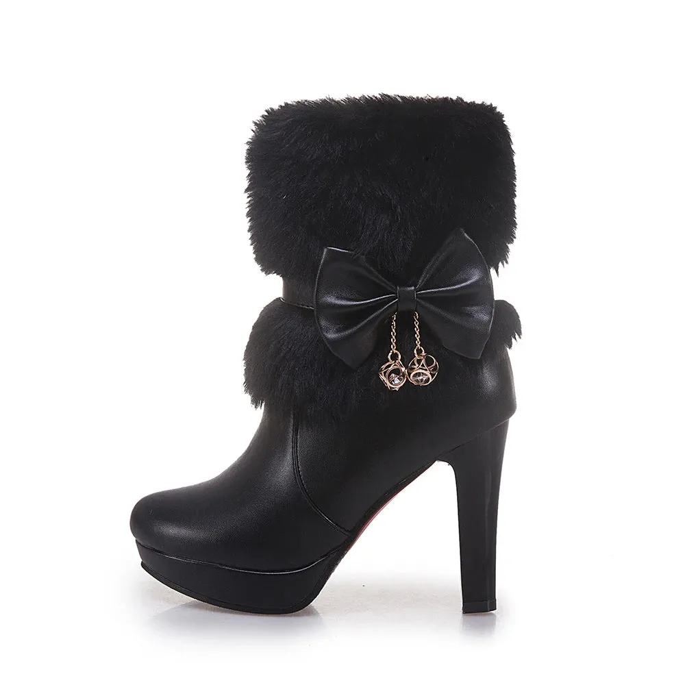 Fashion High Heel Boots Fur Tassel Bowtie Lovely Lolita Party Shoes