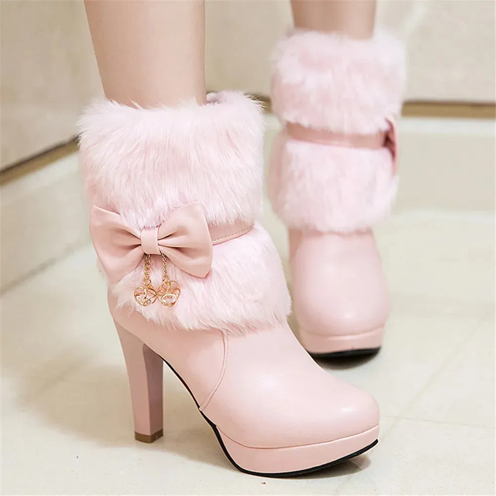 Fashion High Heel Boots Fur Tassel Bowtie Lovely Lolita Party Shoes