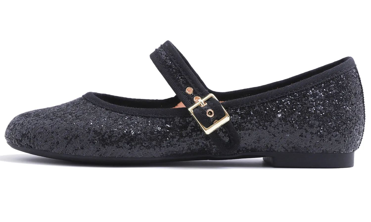 Feversole Women's Soft Cushion Extra Padded Comfort Round Toe Mary Jane Metal Buckle Fashion Ballet Flats Walking Shoes Black Glitter