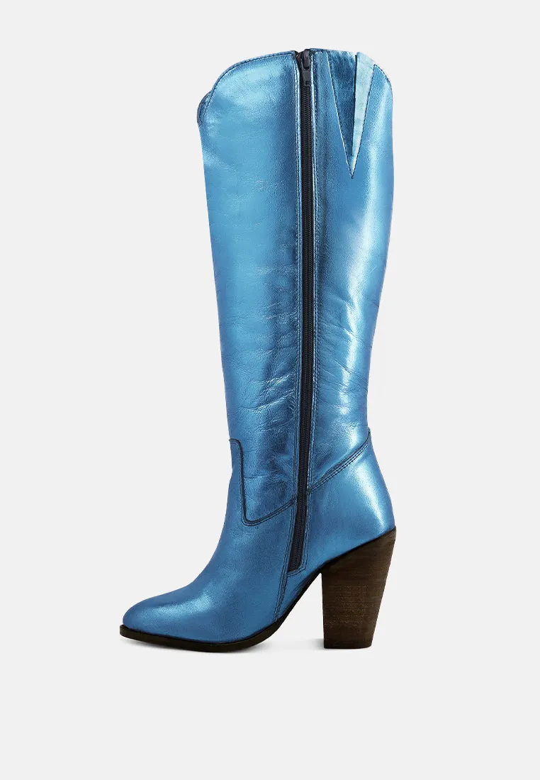 GREAT-STORM Blue Metallic Leather Calf Boots