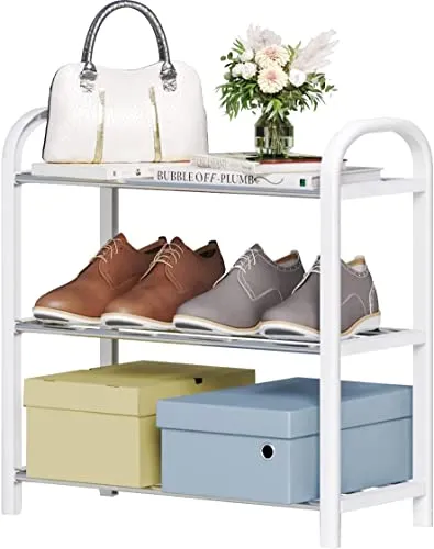 INDIAN DECOR 415607 Small Shoe Rack 3-Tier, Lightweight 5-7 Pairs Shoe Shelf Storage Organizer,Sturdy Metal Standing Narrow Shoe Shelf for Closet Entryway Hallway (White)