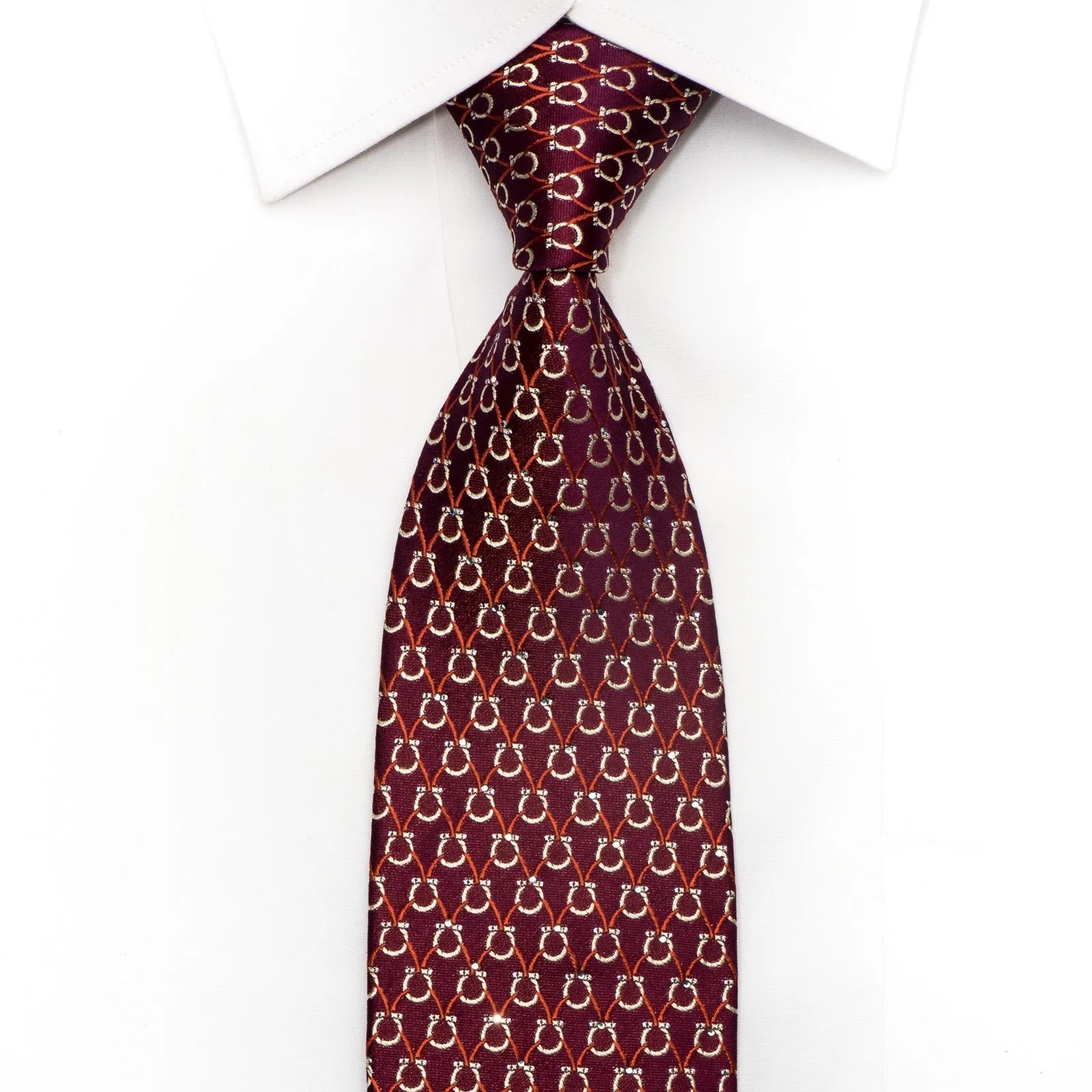 Indian Leaders Men's Silk Tie Golden Horse Shoes On Burgundy Sparkling With Crystal Rhinestones