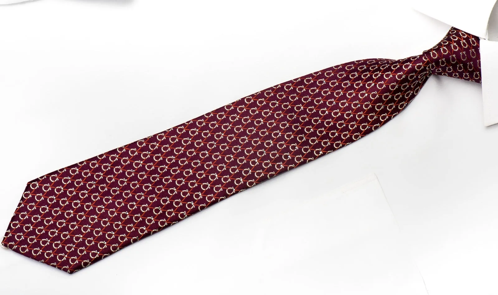 Indian Leaders Men's Silk Tie Golden Horse Shoes On Burgundy Sparkling With Crystal Rhinestones