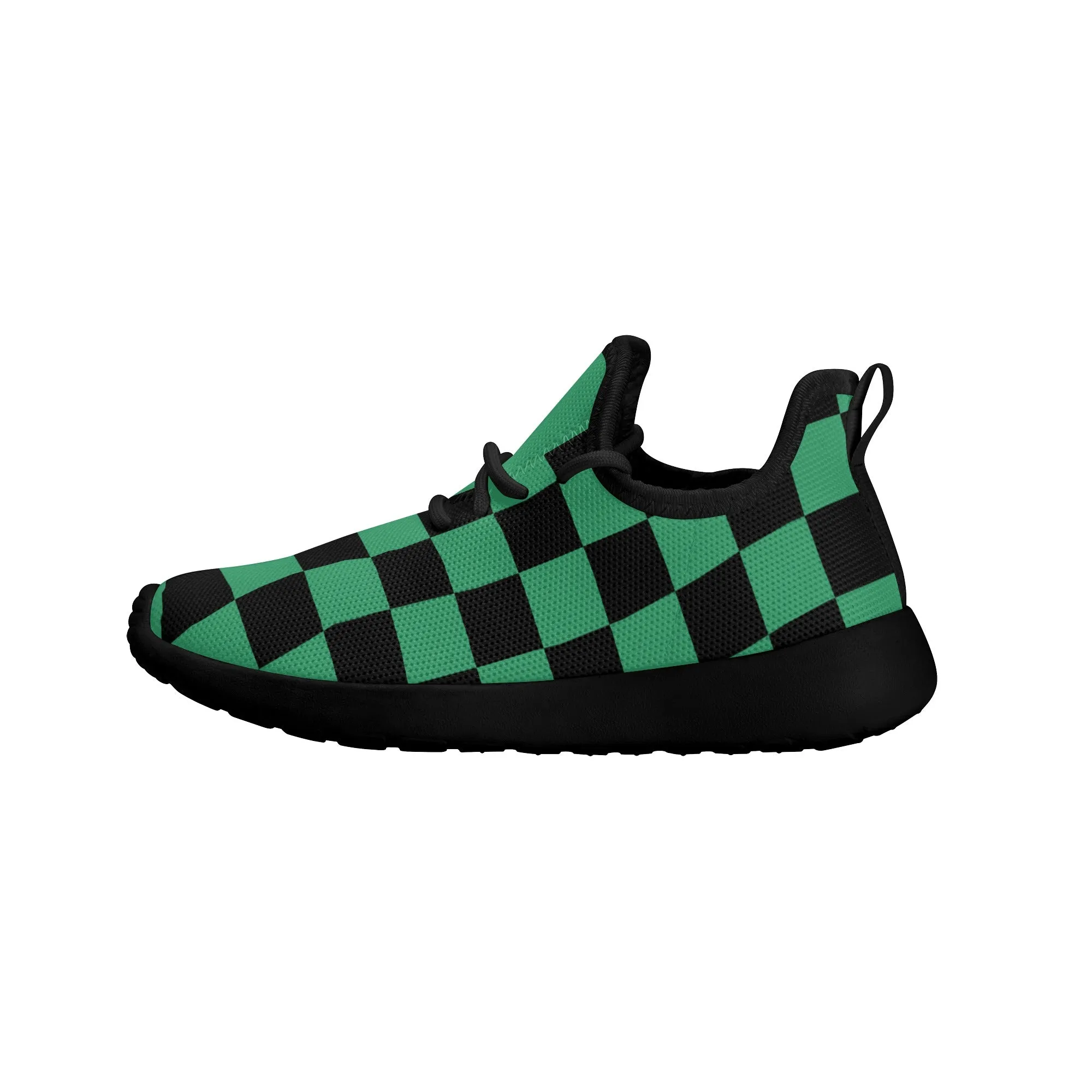 Kids Running Shoes | Mesh Knit Sneakers for kids 7-12 | Anime Slayer of Demon | Green Black Checkered