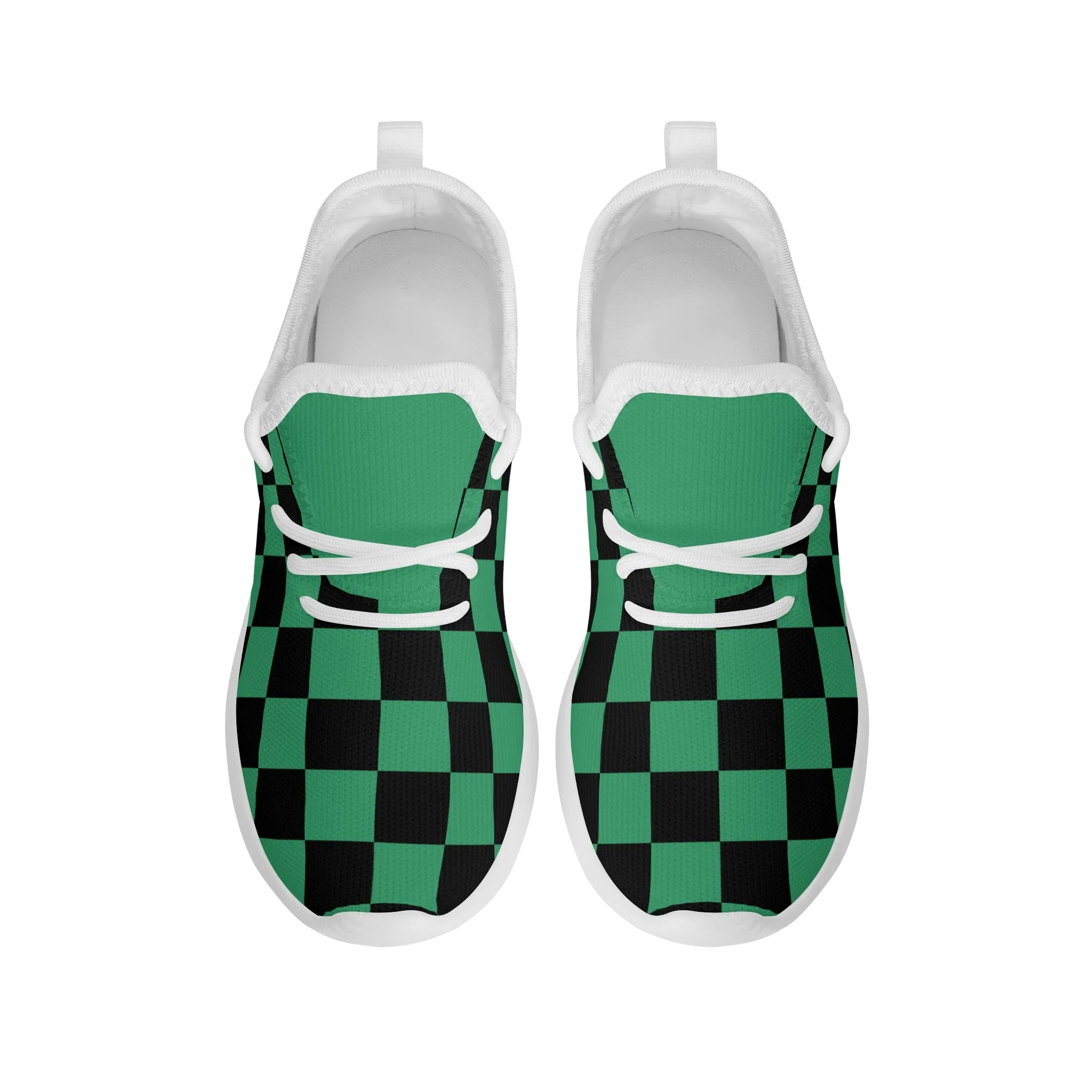 Kids Running Shoes | Mesh Knit Sneakers for kids 7-12 | Anime Slayer of Demon | Green Black Checkered