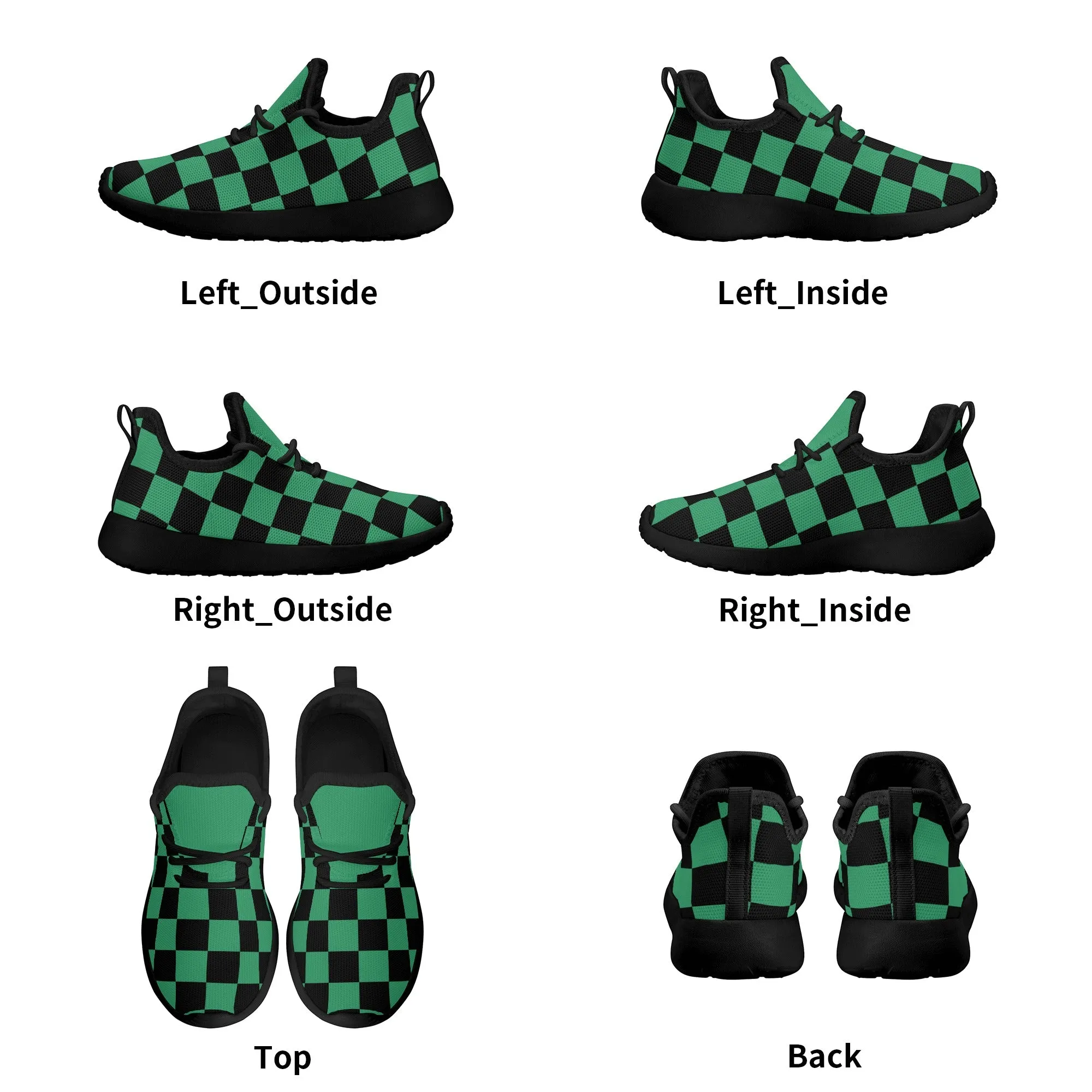 Kids Running Shoes | Mesh Knit Sneakers for kids 7-12 | Anime Slayer of Demon | Green Black Checkered