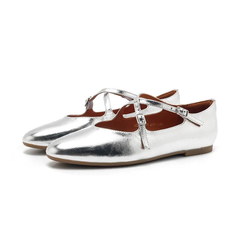 Leather Ballet Flats with Cross-Strap Almond Toe in Sliver/Golden