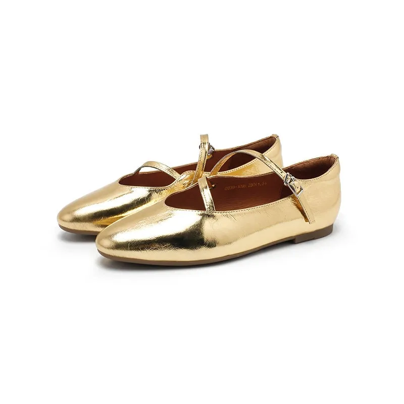 Leather Ballet Flats with Cross-Strap Almond Toe in Sliver/Golden