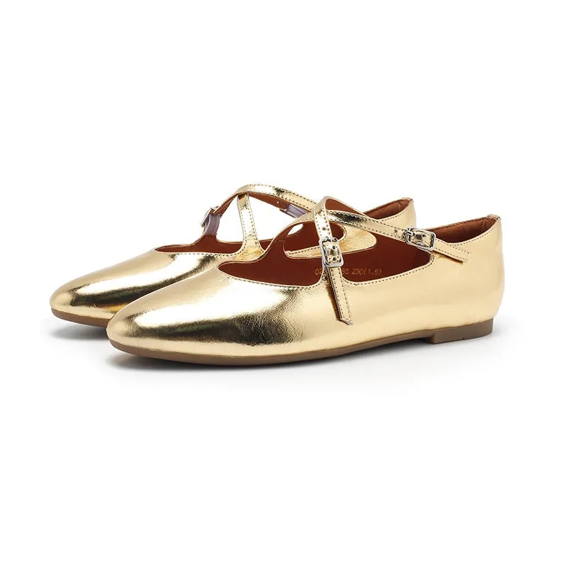 Leather Ballet Flats with Cross-Strap Almond Toe in Sliver/Golden