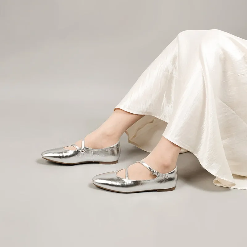 Leather Ballet Flats with Cross-Strap Almond Toe in Sliver/Golden