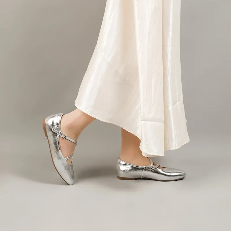 Leather Ballet Flats with Cross-Strap Almond Toe in Sliver/Golden