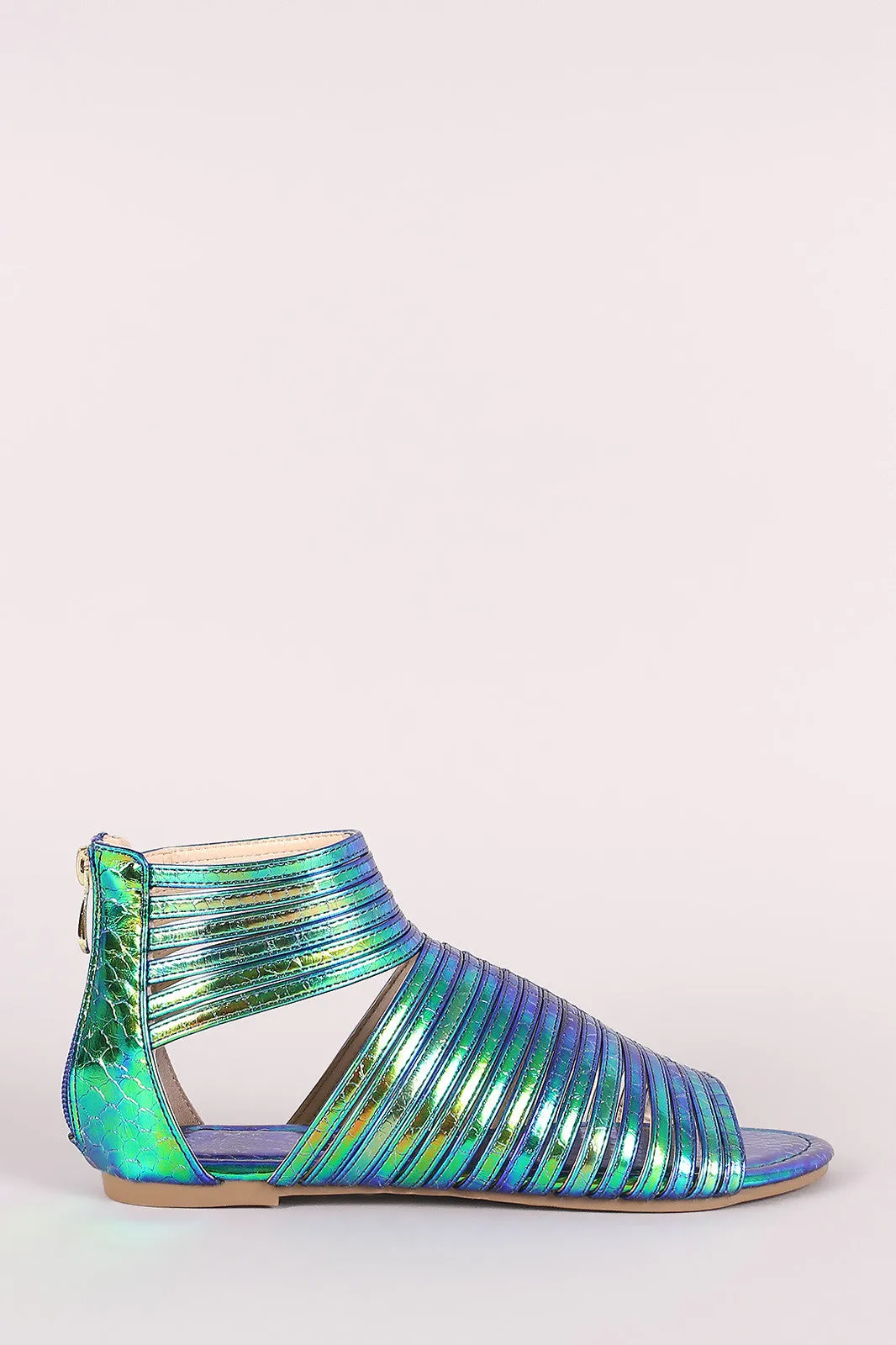 Liliana Holographic Snake Strappy Gladiator Flat Sandal