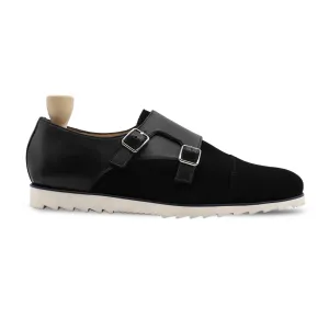 Loki - Men's Black Kid Suede and Calf Leather Double Monkstrap