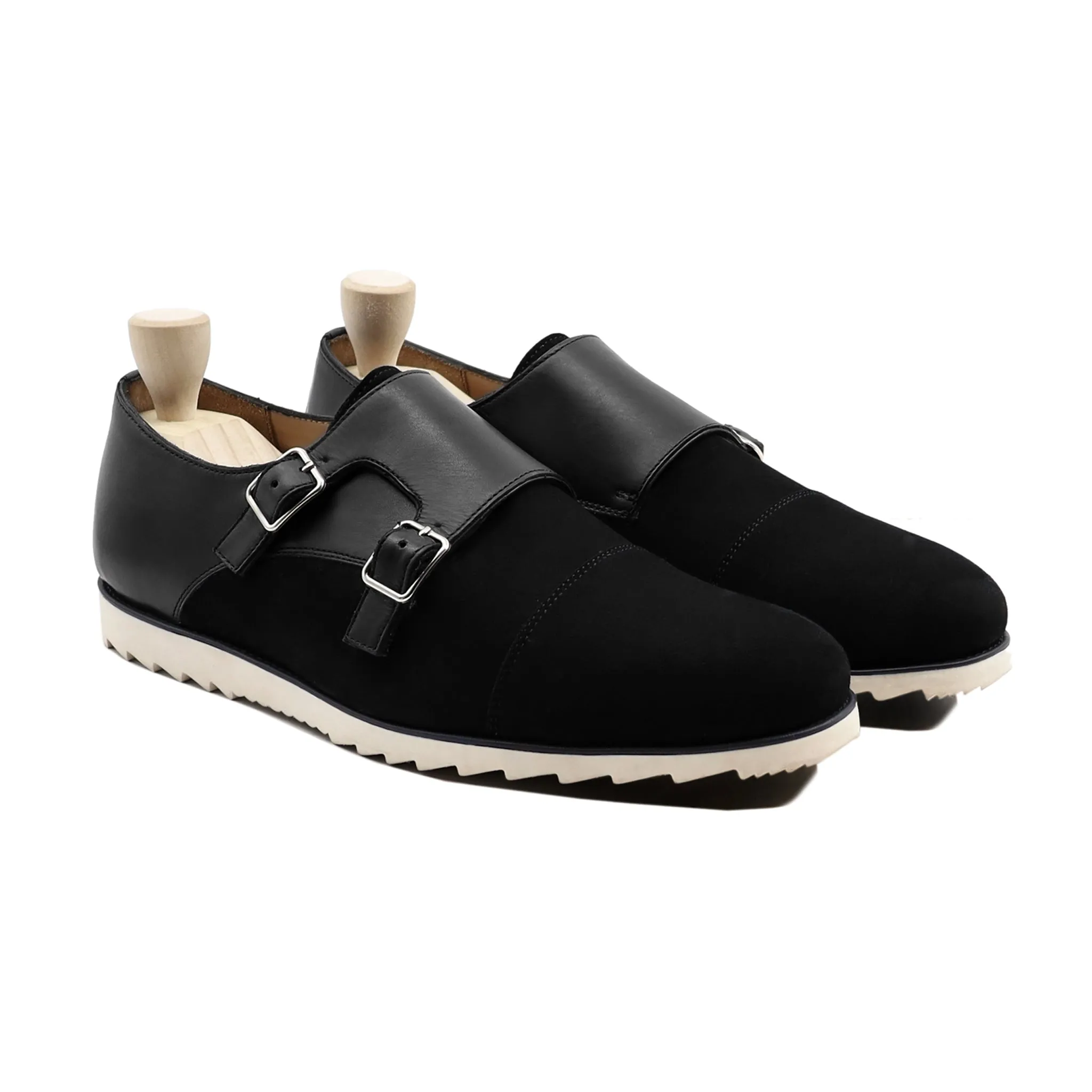 Loki - Men's Black Kid Suede and Calf Leather Double Monkstrap