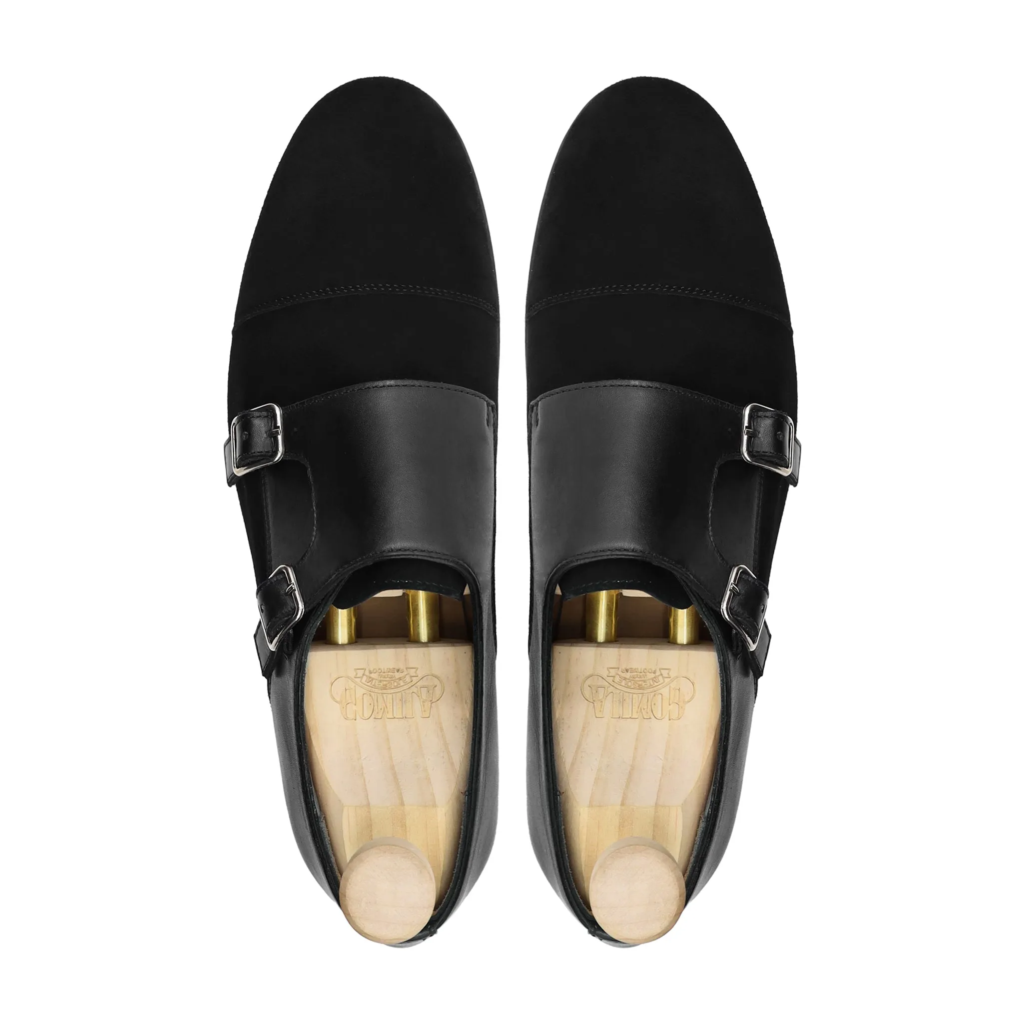 Loki - Men's Black Kid Suede and Calf Leather Double Monkstrap