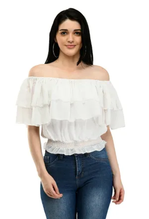 Stylish Polyester Ruffled Solid Off Shoulder Top For Women