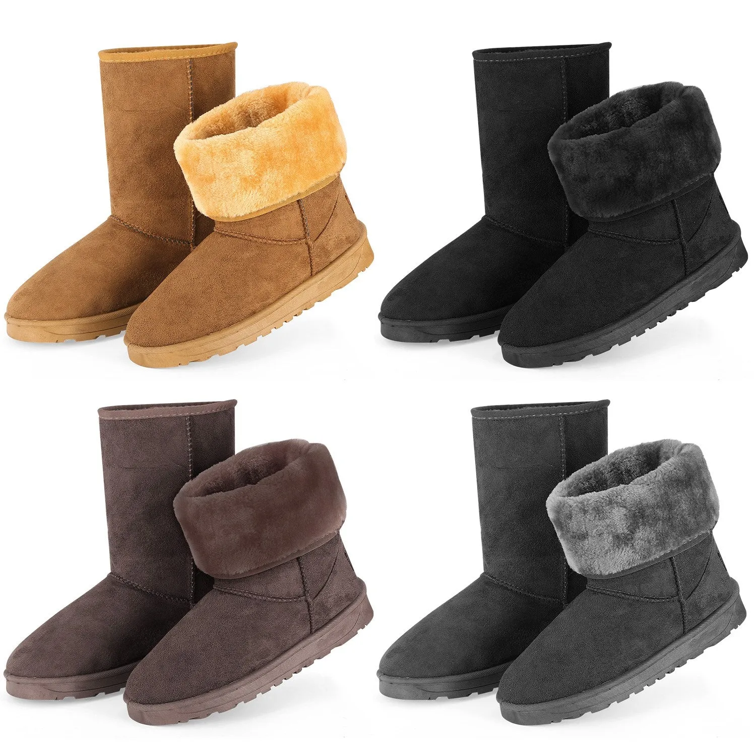 Women Ladies Snow Boots Waterproof Faux Suede Mid-Calf Boots Fur Warm Lining Shoes