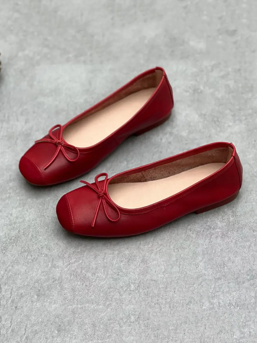 Women Summer Elegant Leather Solid Bowknot Flat Shoes