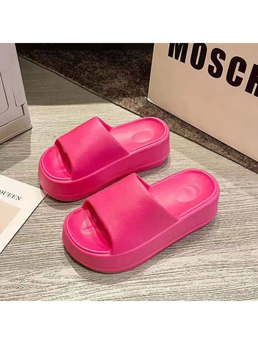 Women's Super Thick Sole Slippers, New Summer Fashionable Solid Color EVA Beach Slippers Pink Slides, Goes Well With Any Outfit