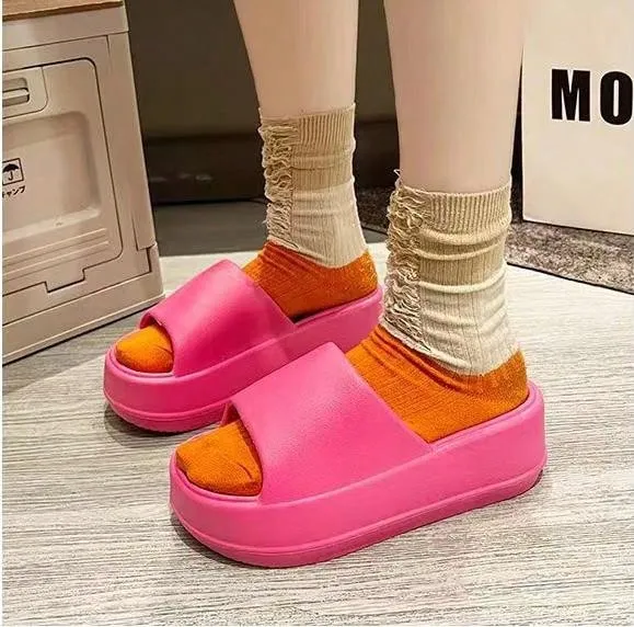 Women's Super Thick Sole Slippers, New Summer Fashionable Solid Color EVA Beach Slippers Pink Slides, Goes Well With Any Outfit